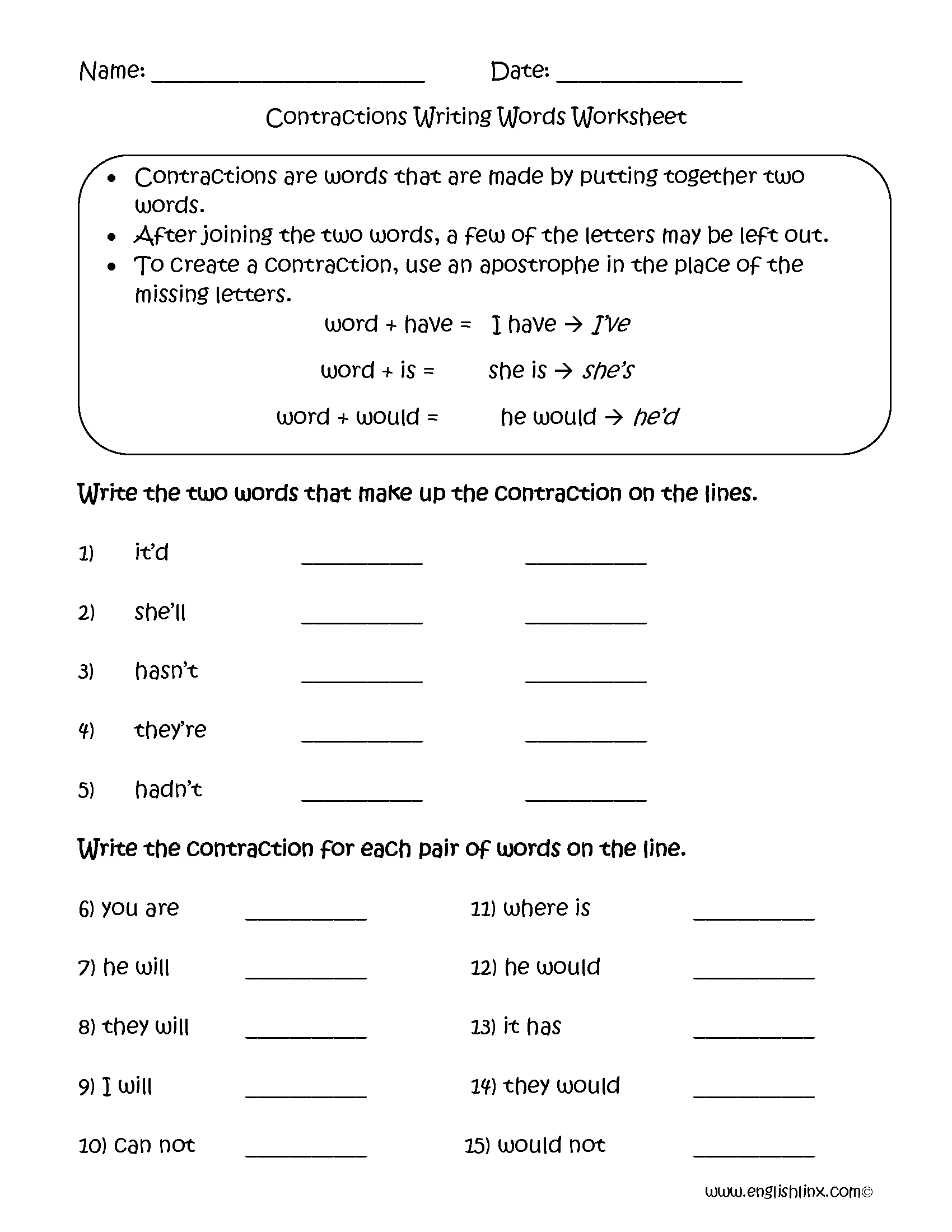 Printable List Of Contractions Worksheets For Second Grade Printable List Of Contractions Worksheets For Second Grade