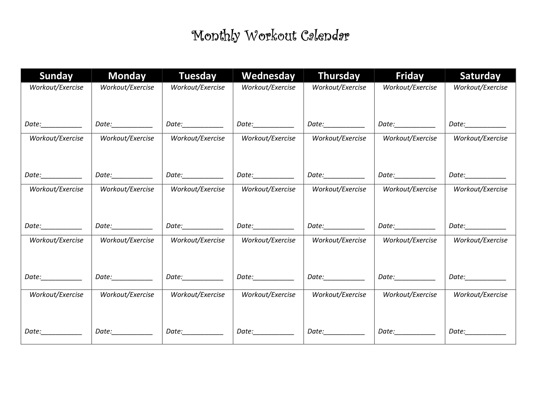 Printable Gym Calendar Plain Printable Gym Calendar Plain