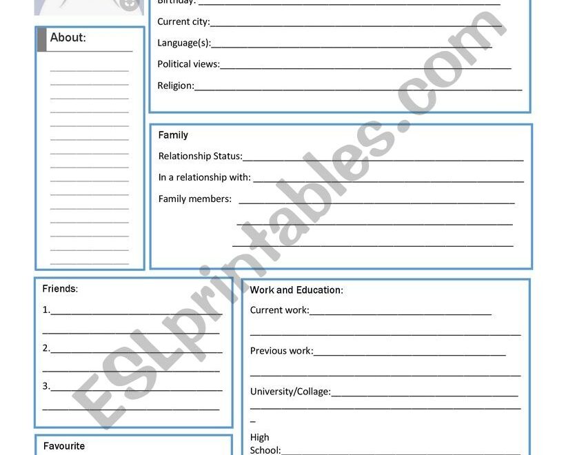 Facebook Profile Form ESL Worksheet By Clarwen