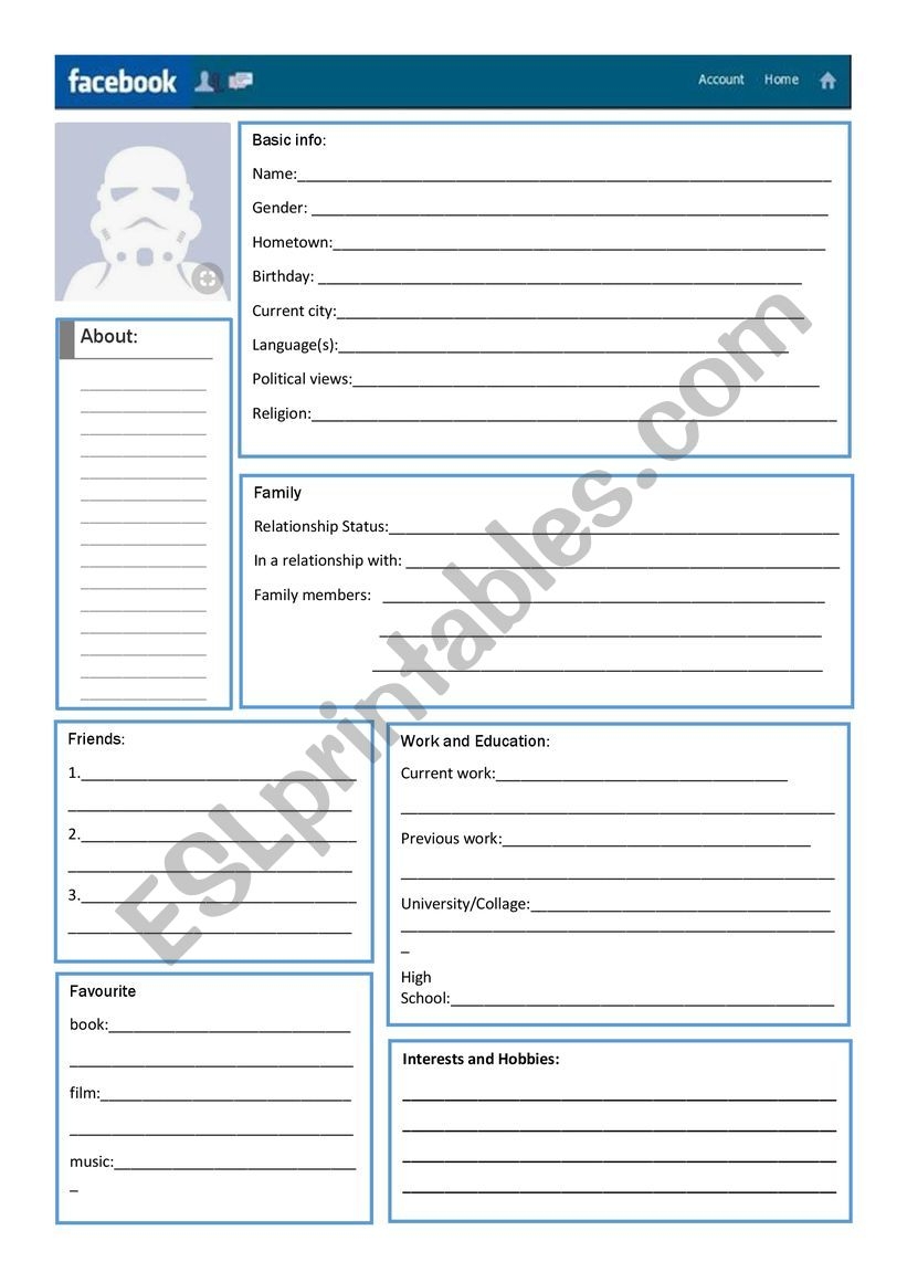 Facebook Profile Form ESL Worksheet By Clarwen
