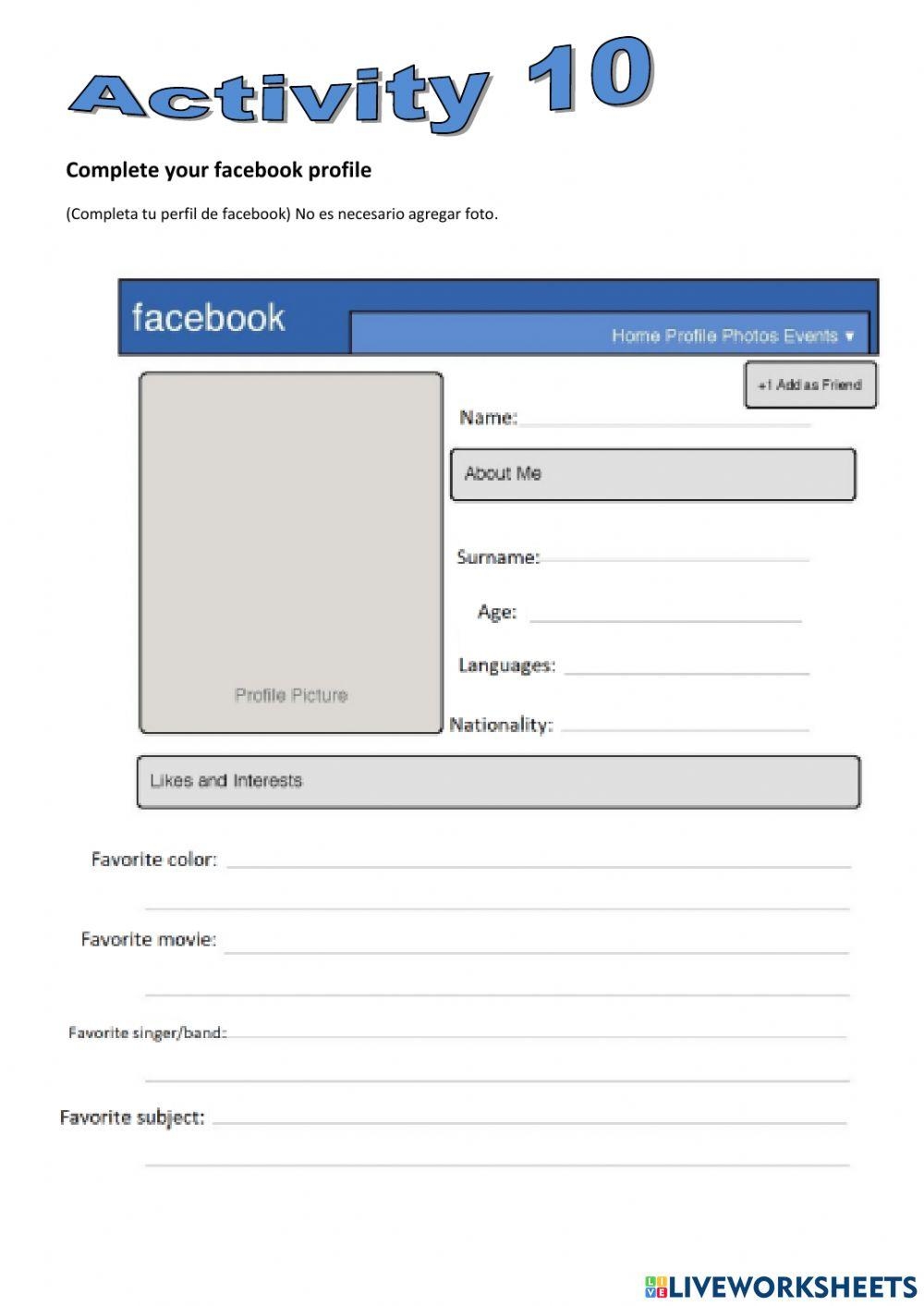 Facebook Profile Printable Worksheet