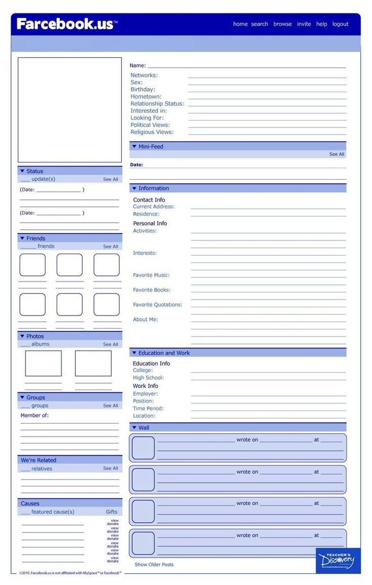 Facebook Profile Worksheets