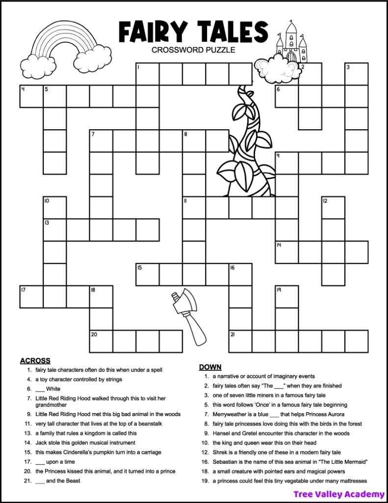 Fairy Tale Crossword Puzzles For Kids Tree Valley Academy
