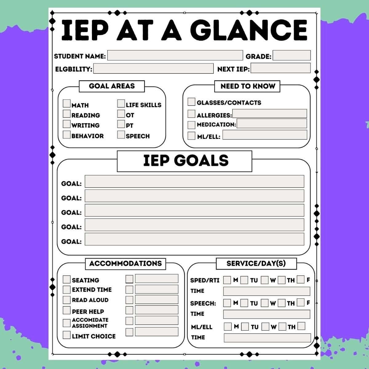 Fillable PDF IEP Data At A Glance Printable Edit Teacher Materials SPED Binder Snapshot Print Write Form Fillable Planner Digital Etsy