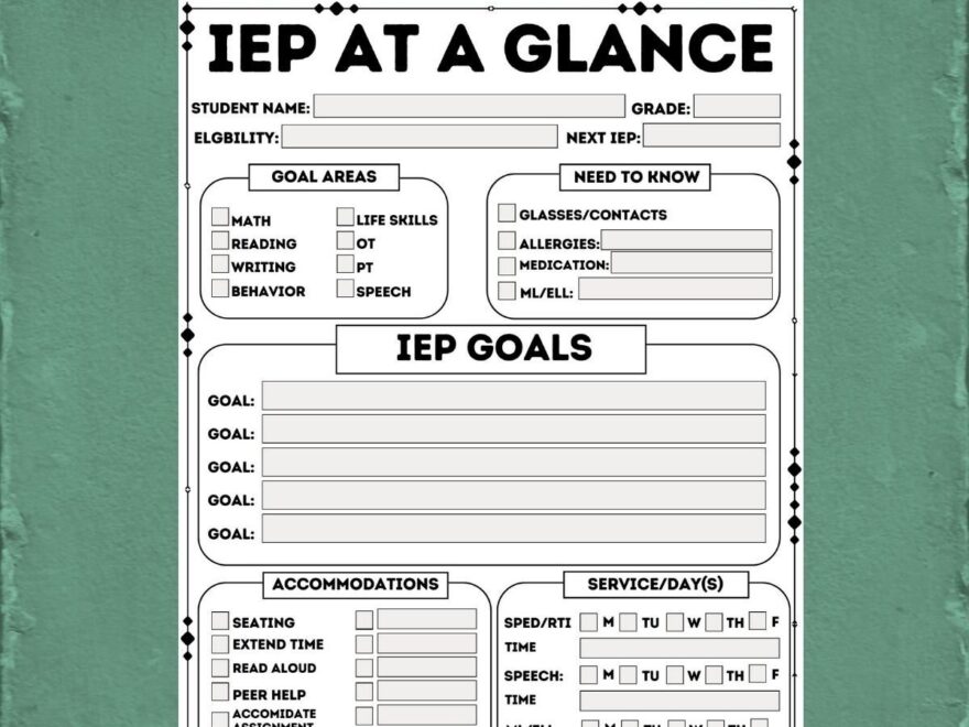 Fillable PDF IEP Data At A Glance Printable Edit Teacher Materials SPED Binder Snapshot Print Write Form Fillable Planner Digital Etsy