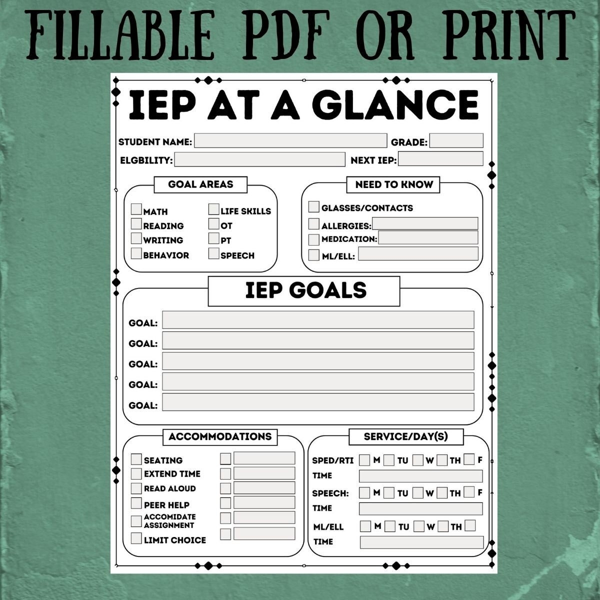 Fillable PDF IEP Data At A Glance Printable Edit Teacher Materials SPED Binder Snapshot Print Write Form Fillable Planner Digital Etsy