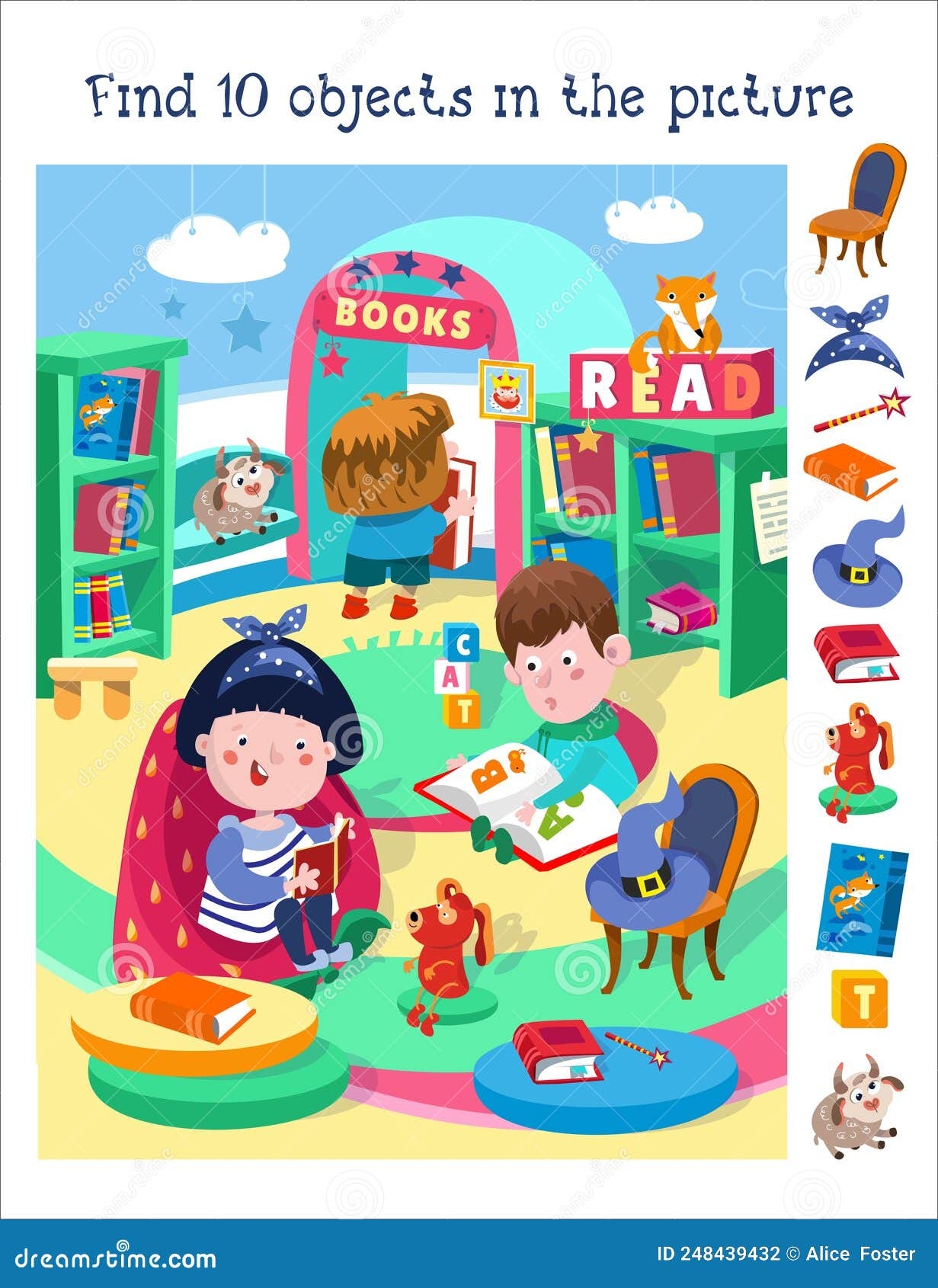 Find 10 Hidden Objects Educational Game For Children Vector Color Illustration Cute Children Read Books Stock Vector Illustration Of Flat Activity 248439432