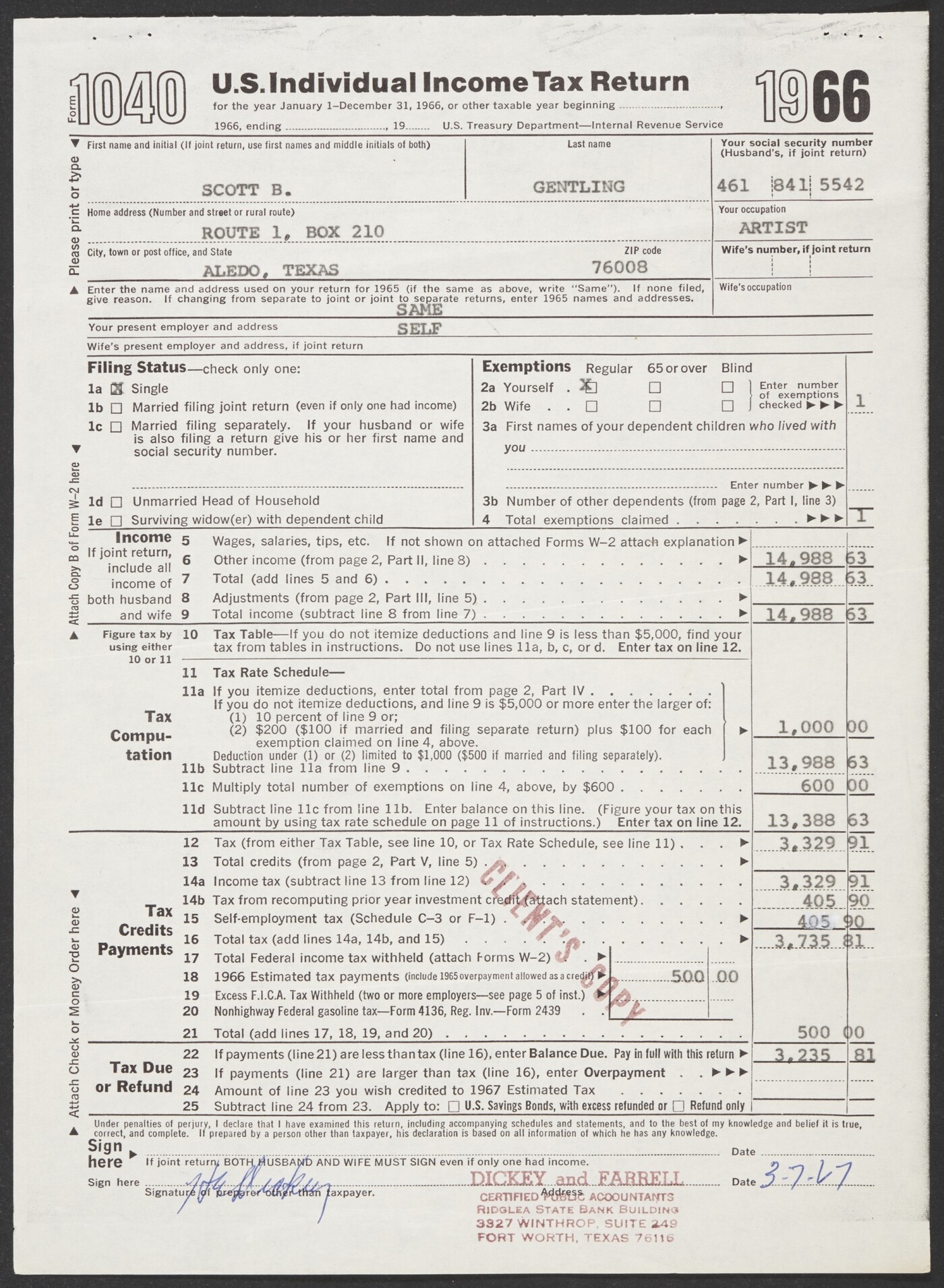 Form 1040 U S Individual Income Tax Return For Scott Gentling March 7 1967 Amon Carter Museum Of American Art Form 1040 U S Individual Income Tax Return For Scott Gentling March 7 1967 Amon Carter Museum Of American Art