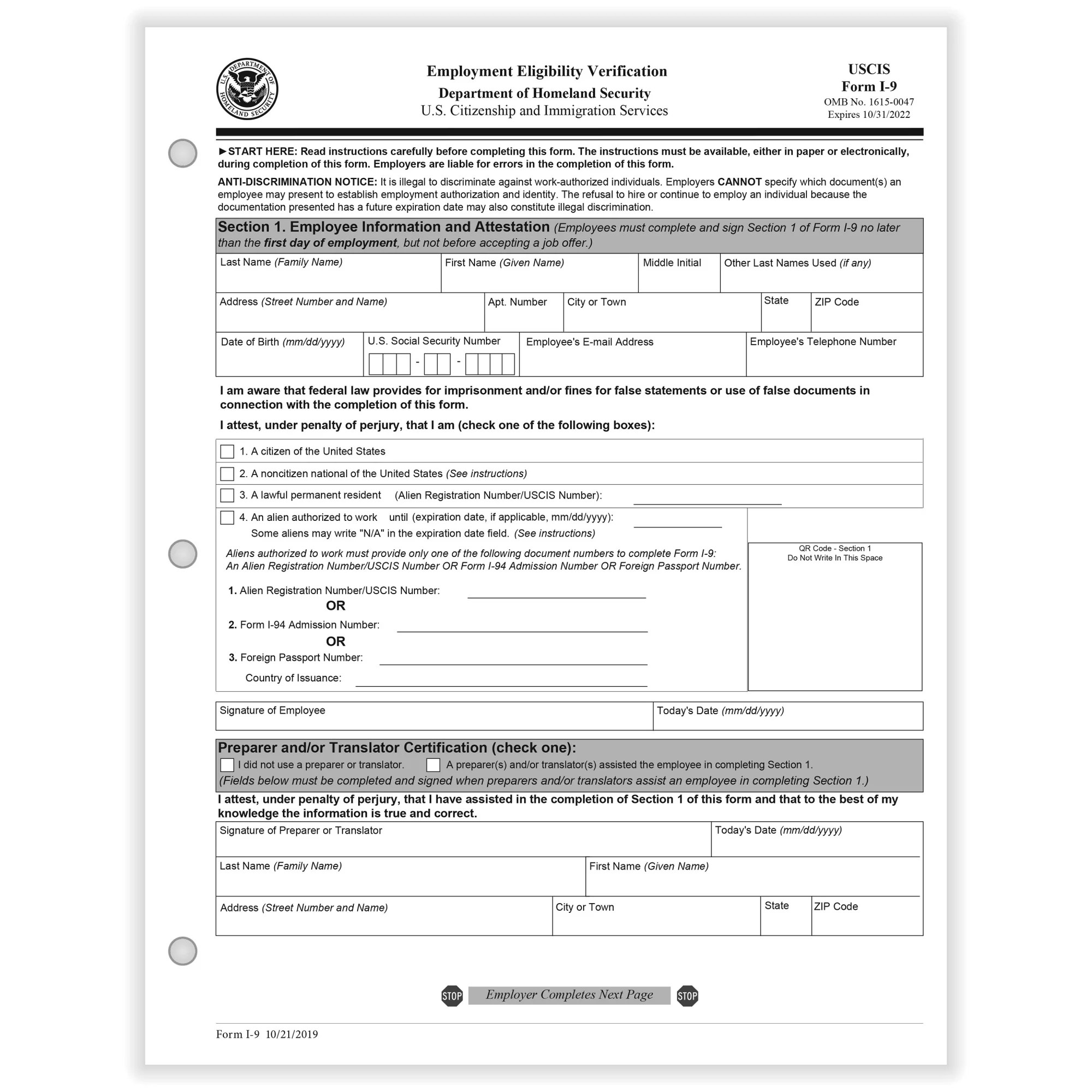 Form I 9 Employment Eligibility Verification Printable Printable Alphabet Charts