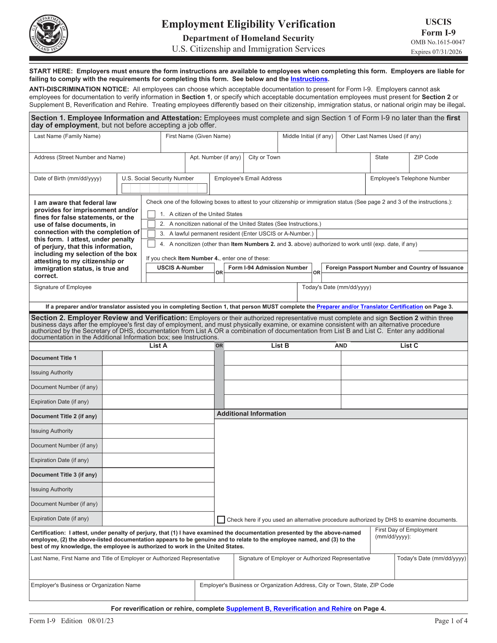 Form I 9 Employment Eligibility Verification