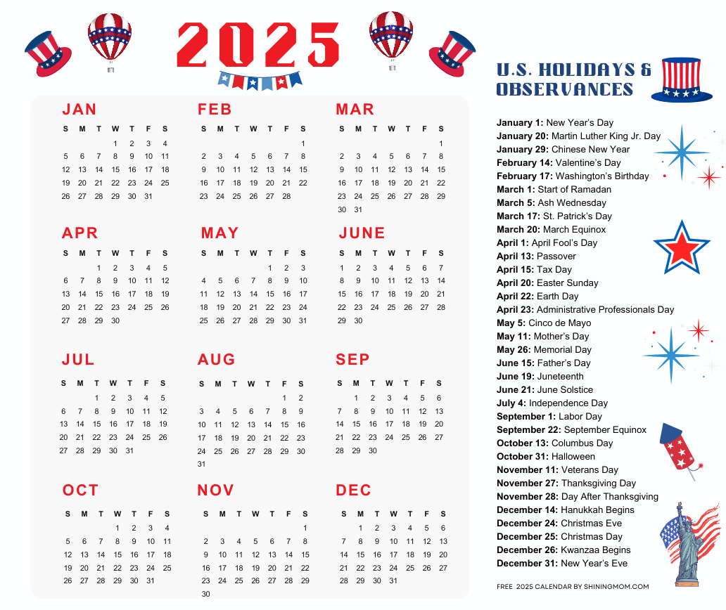 Calendar For Year 2025 United States Printable