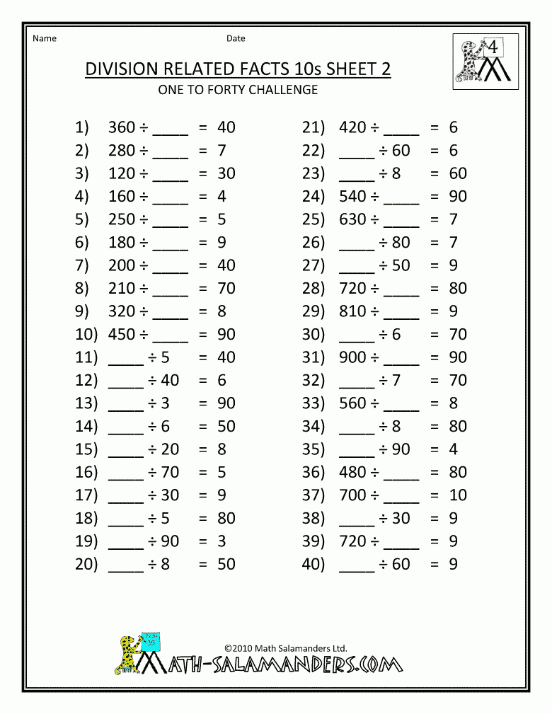 Free 4th grade math worksheets division tables related facts 10s 2 gif 780 1 009 Pixels mathtutor