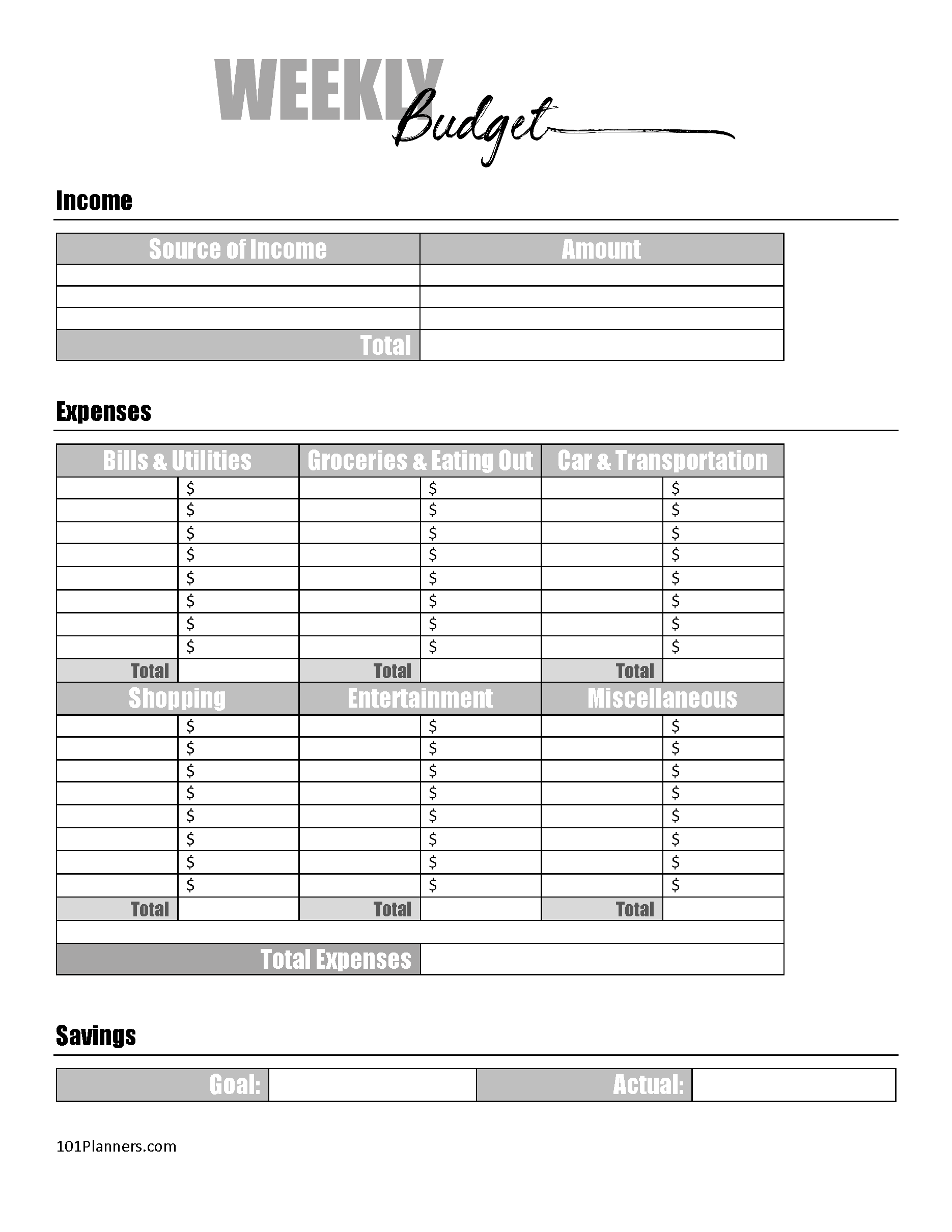 Free Budget Printable Template