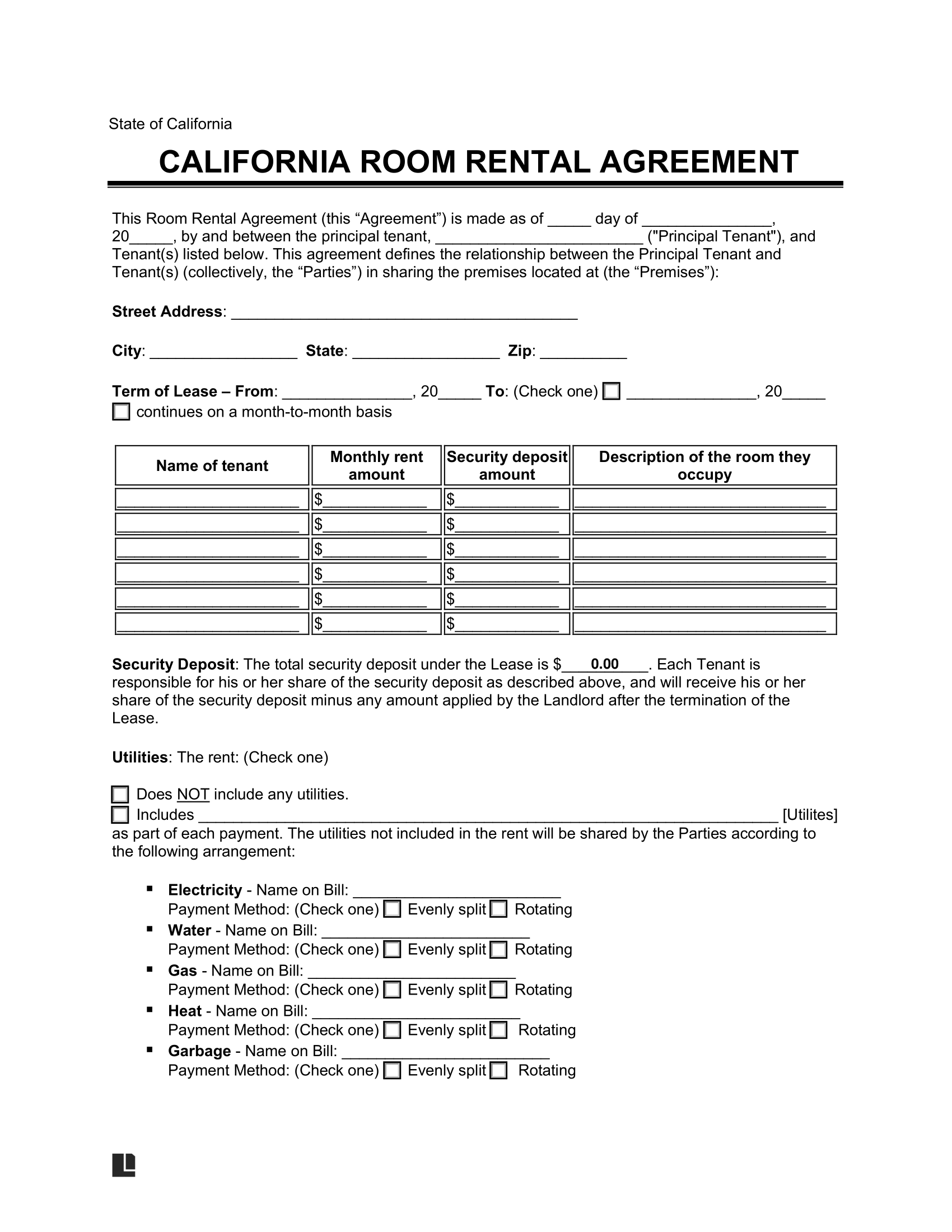 California Rental Agreement Printable