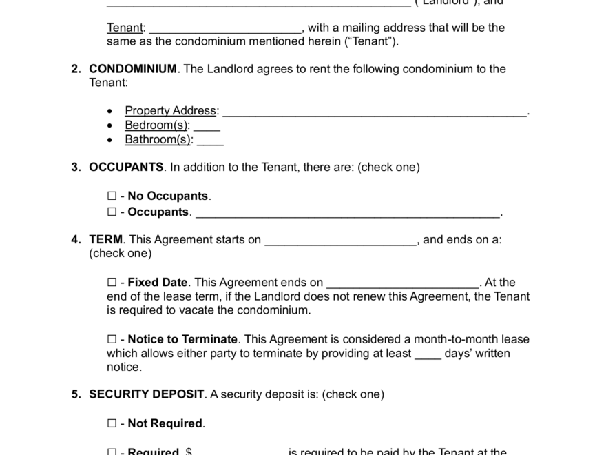 Free Condominium Condo Lease Agreement Template PDF Word EForms