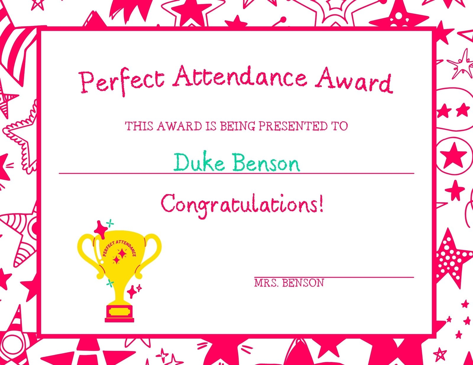 Free Printable Perfect Attendace Certificate For Preschoolers