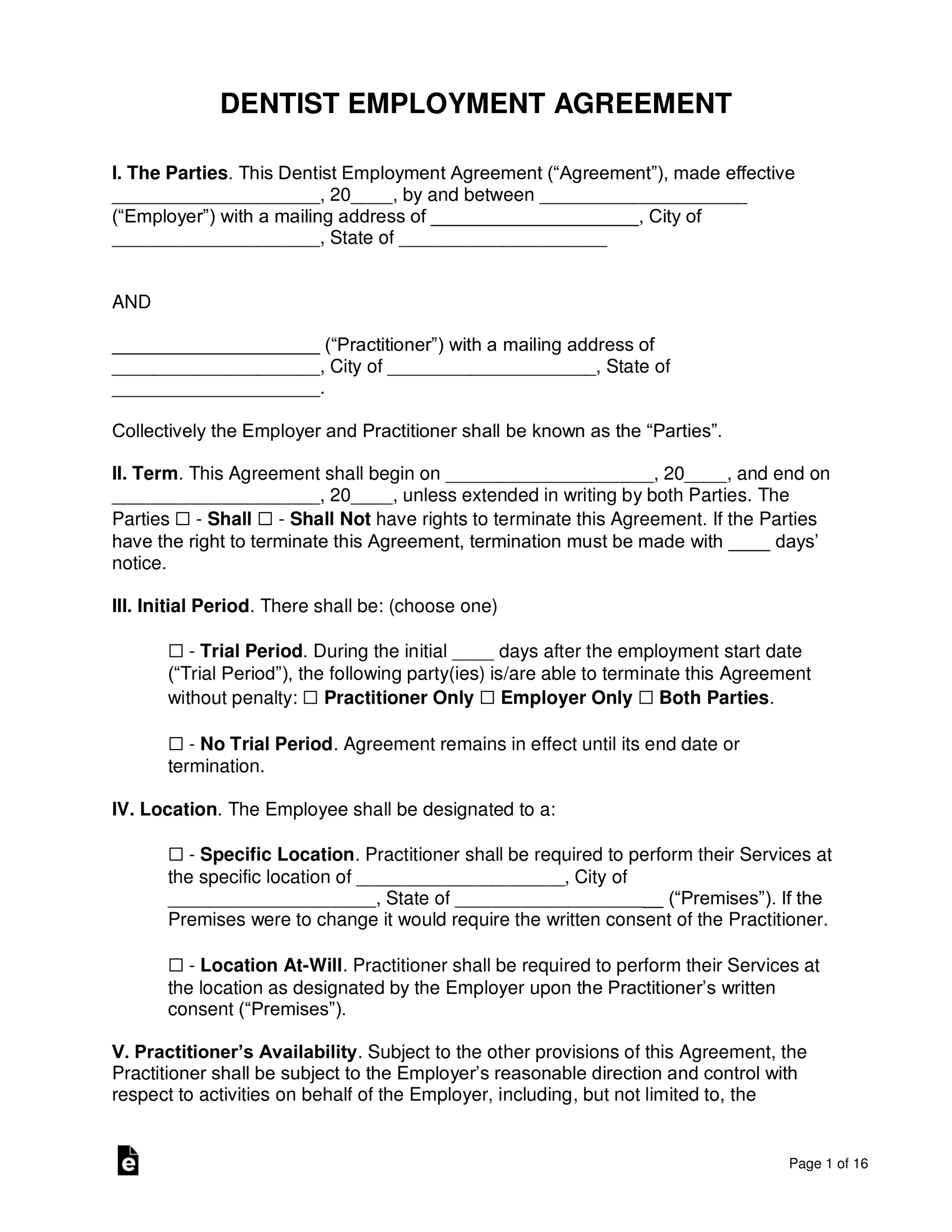 Free Dentist Employment Agreement Dental Office employer To Dentist Employee PDF Word EForms