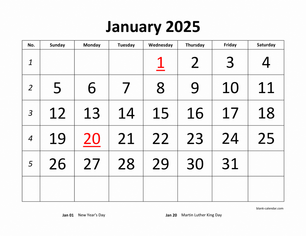 Free Download Printable Calendar 2025 Large Font Design Holidays On Red