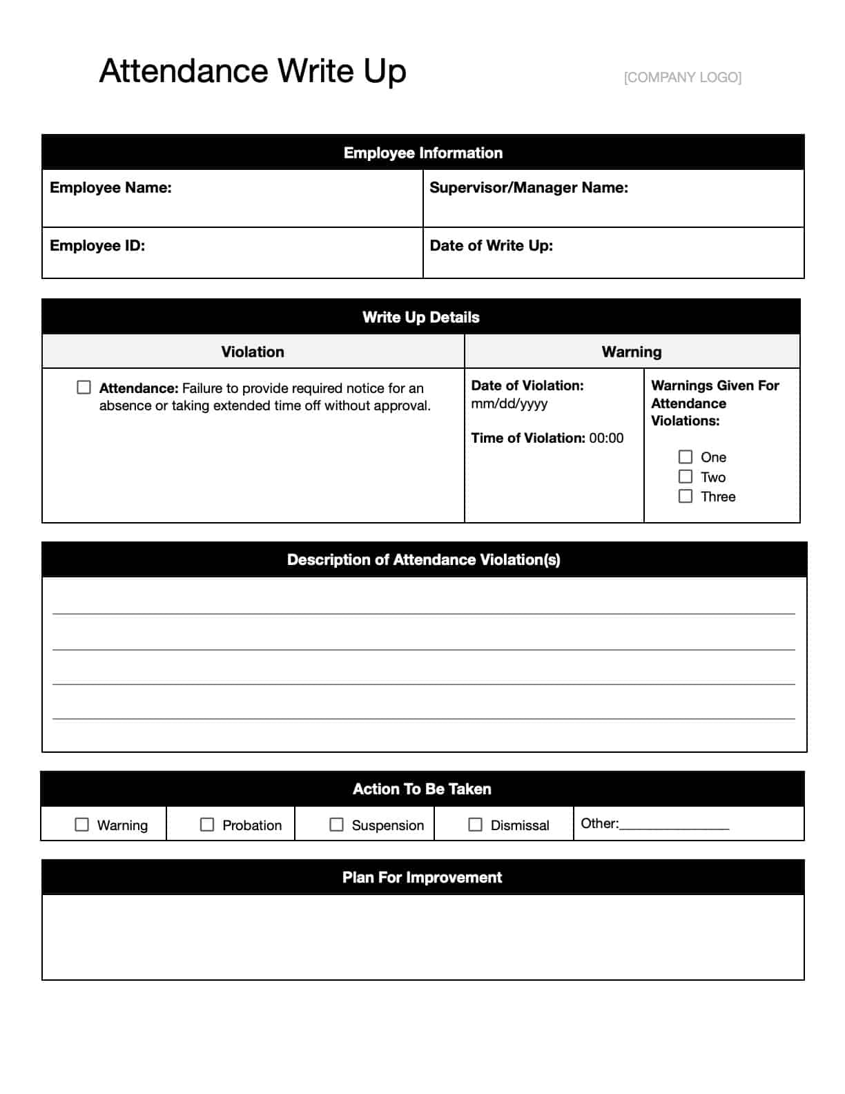 Free Employee Write Up Forms And Templates Download Print In Office GDocs 