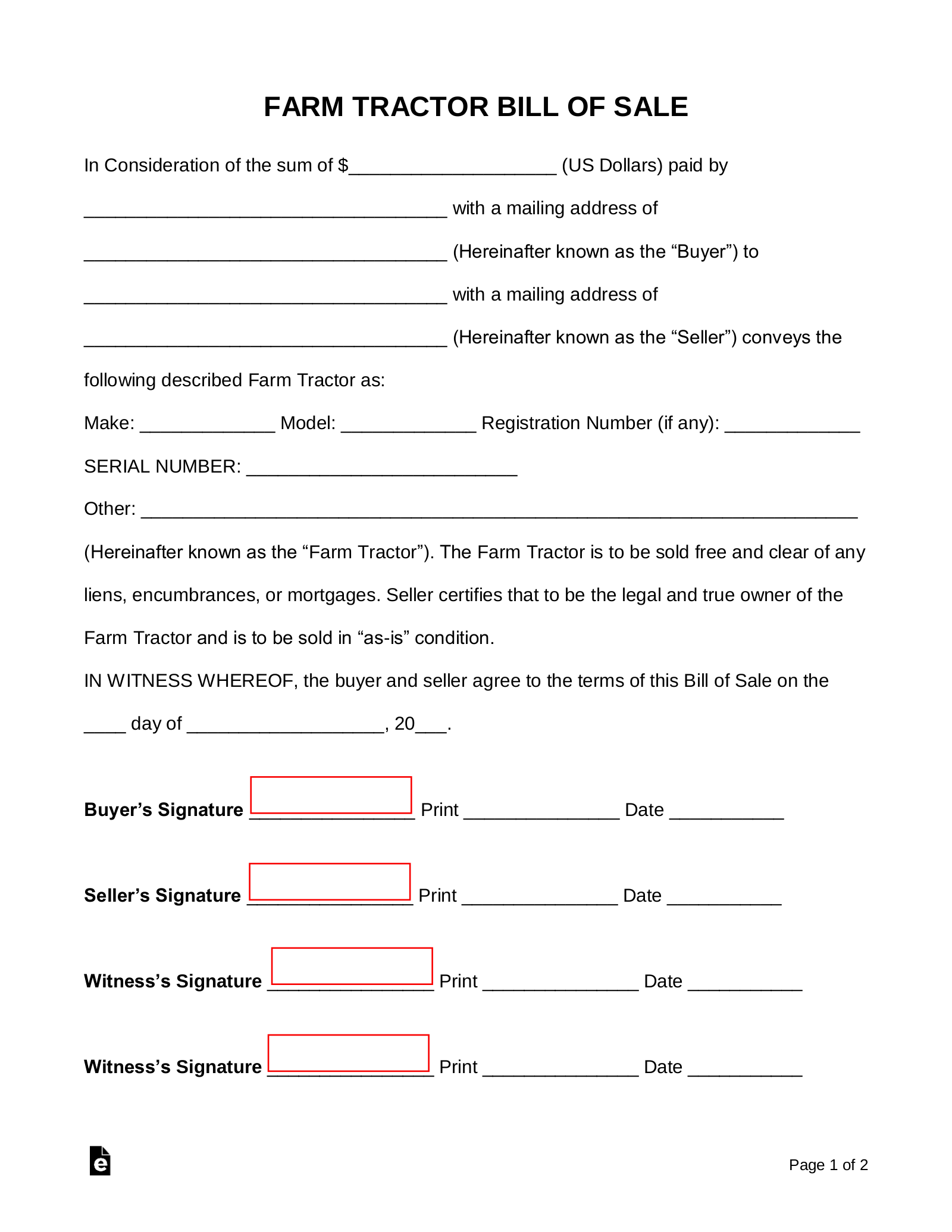 Agricuture Bill Of Sale Printable Form