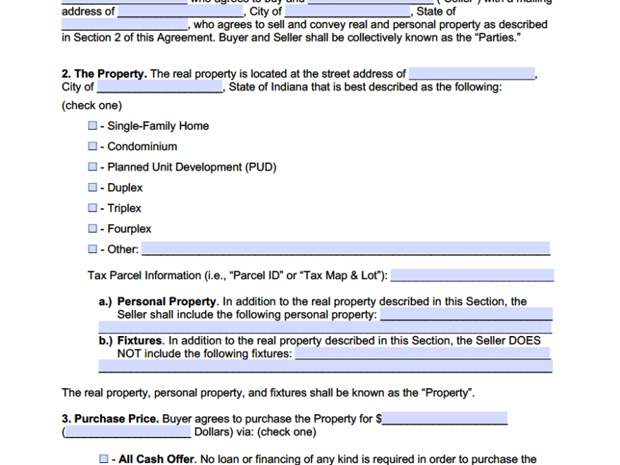Free Indiana Real Estate Purchase Agreement Template PDF Word