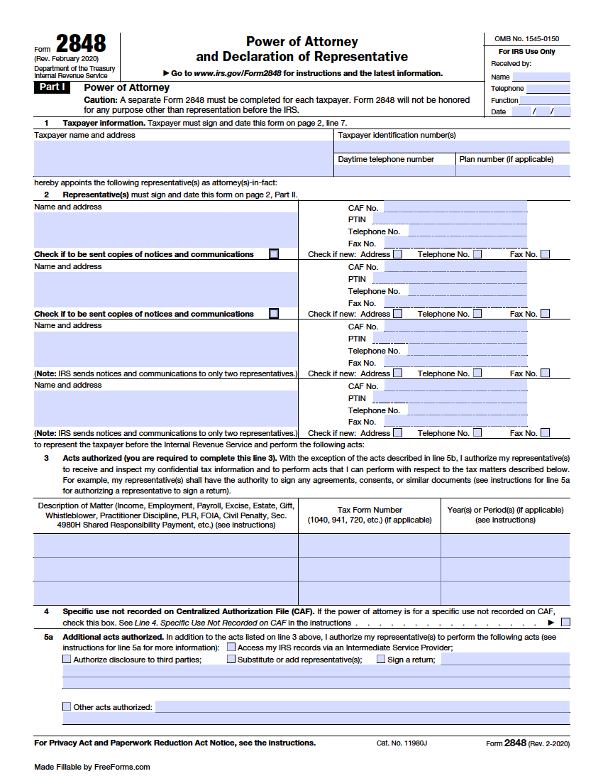Free IRS Power Of Attorney Form 2848 PDF