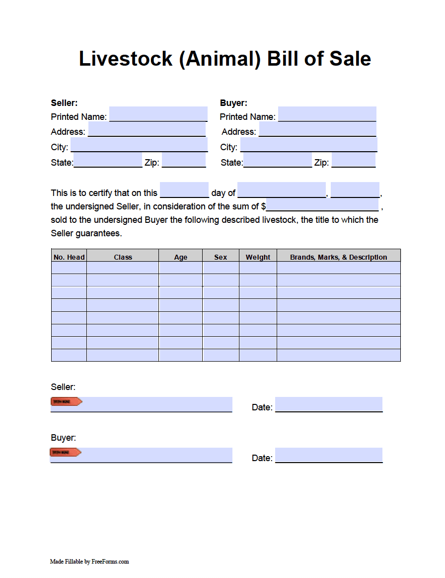 Free Livestock Animal Bill Of Sale Form PDF Word