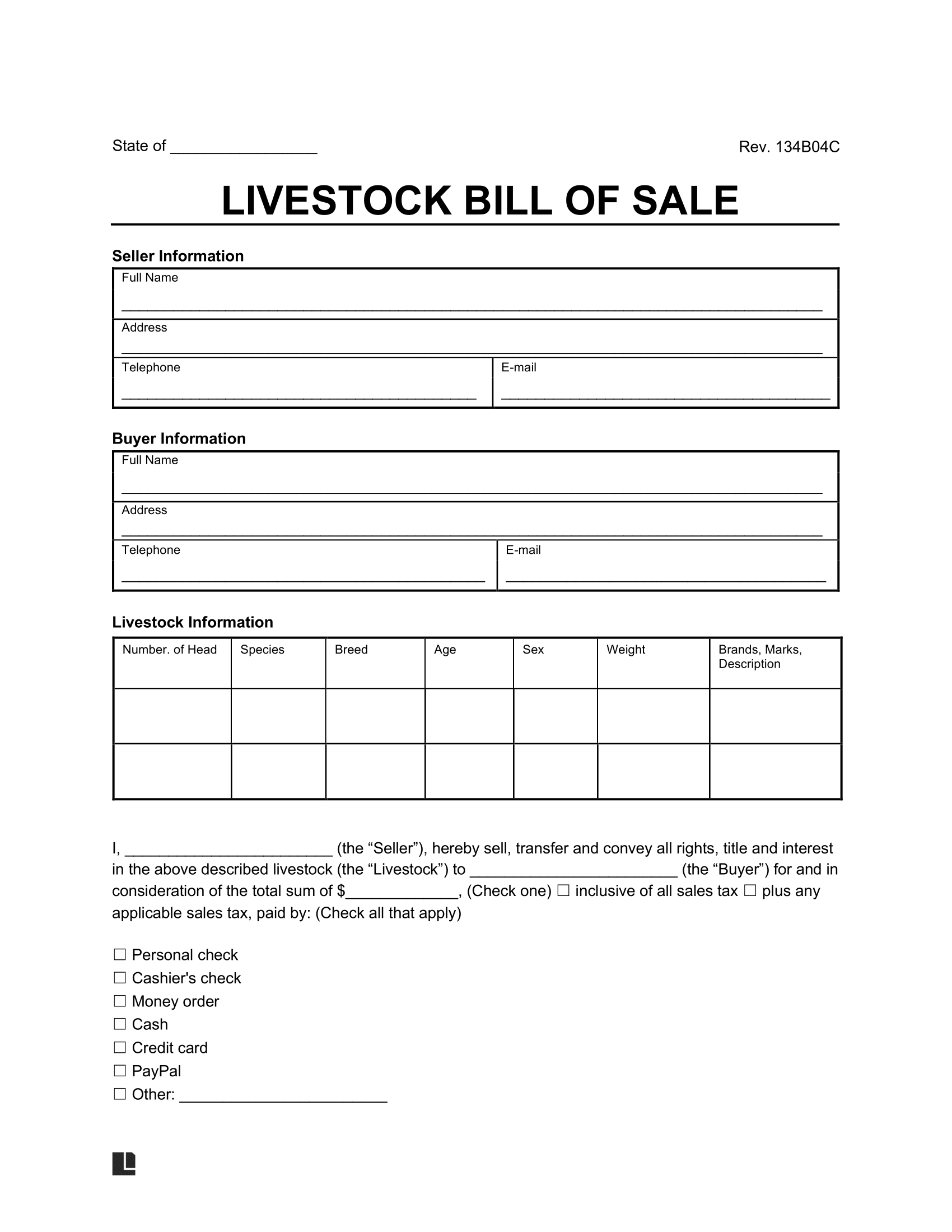 Free Livestock Bill Of Sale Template PDF Word
