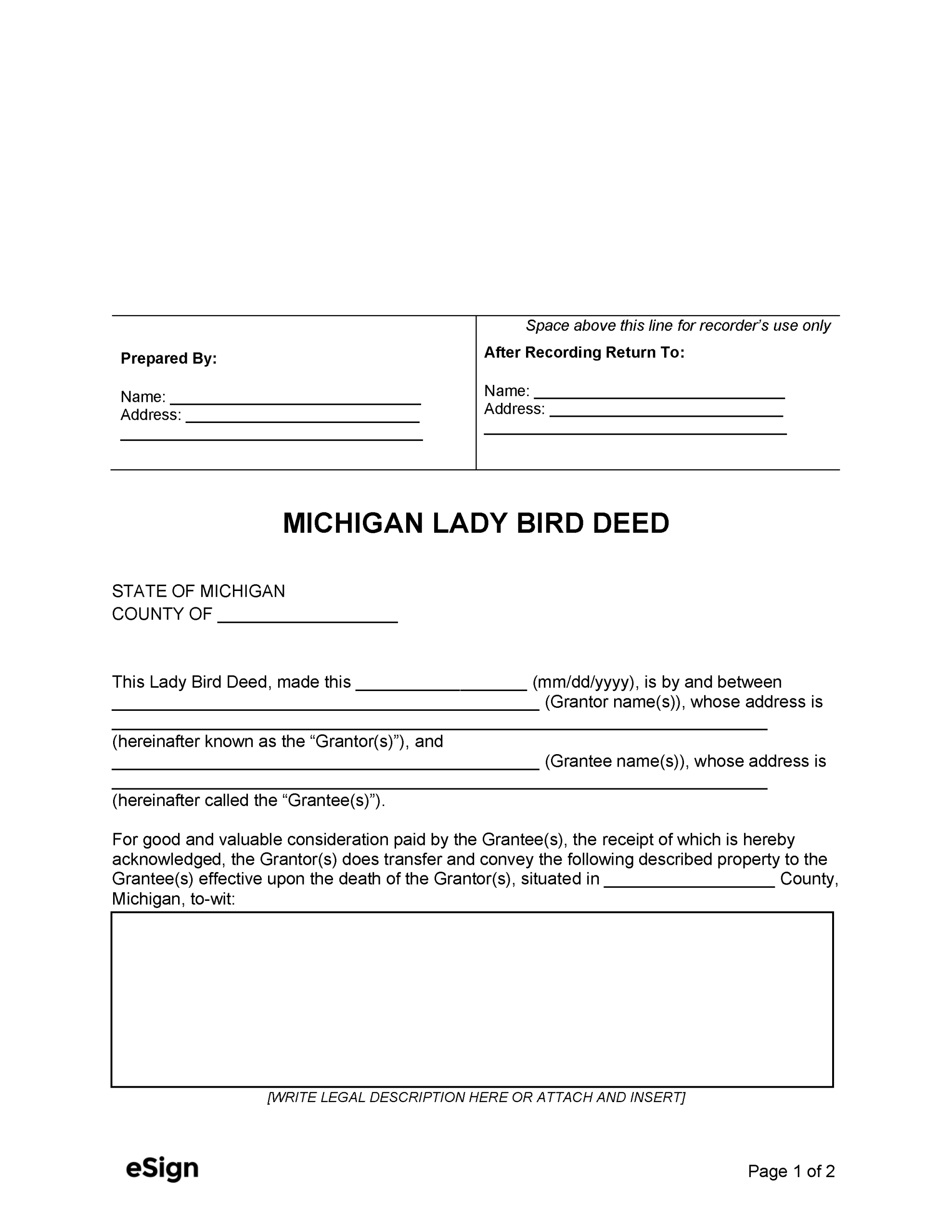 Free Michigan Lady Bird Deed Form PDF Word