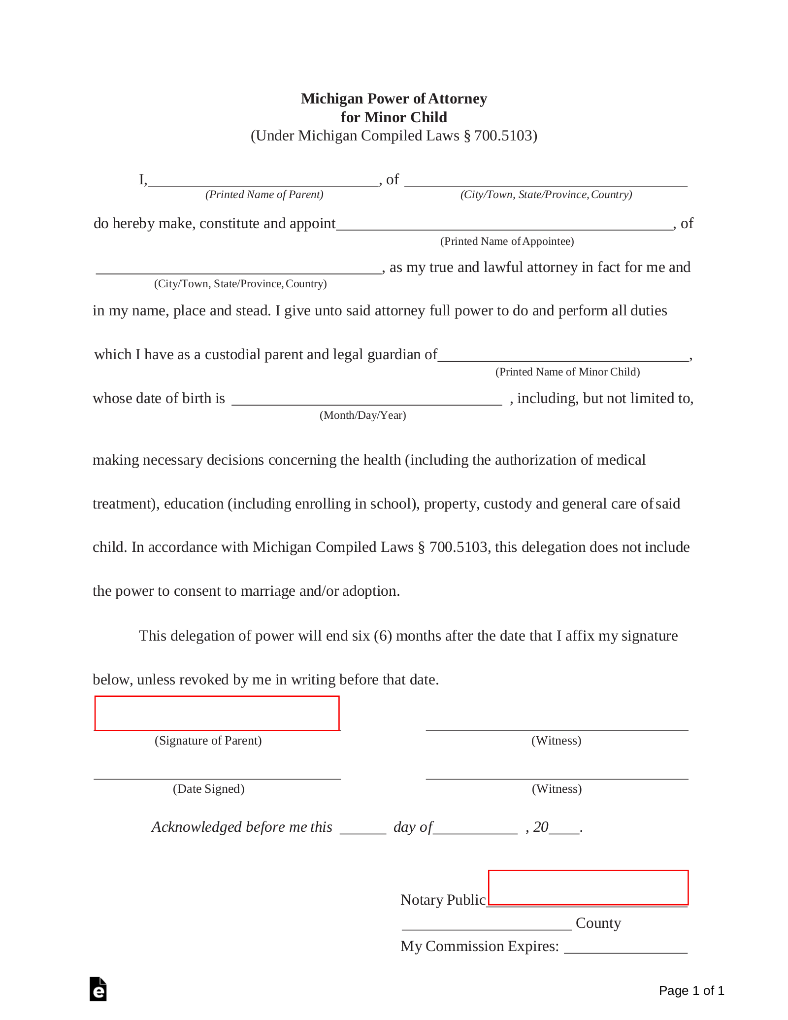 Free Michigan Power Of Attorney For Minor Child Form PDF Word EForms