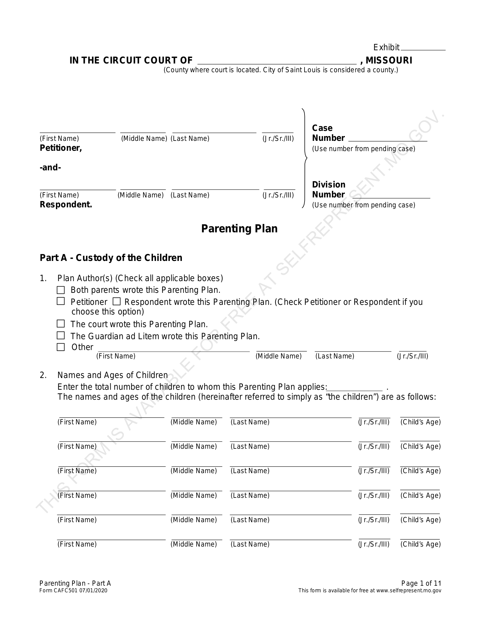 Free Missouri Custody Parenting Plan PDF EForms