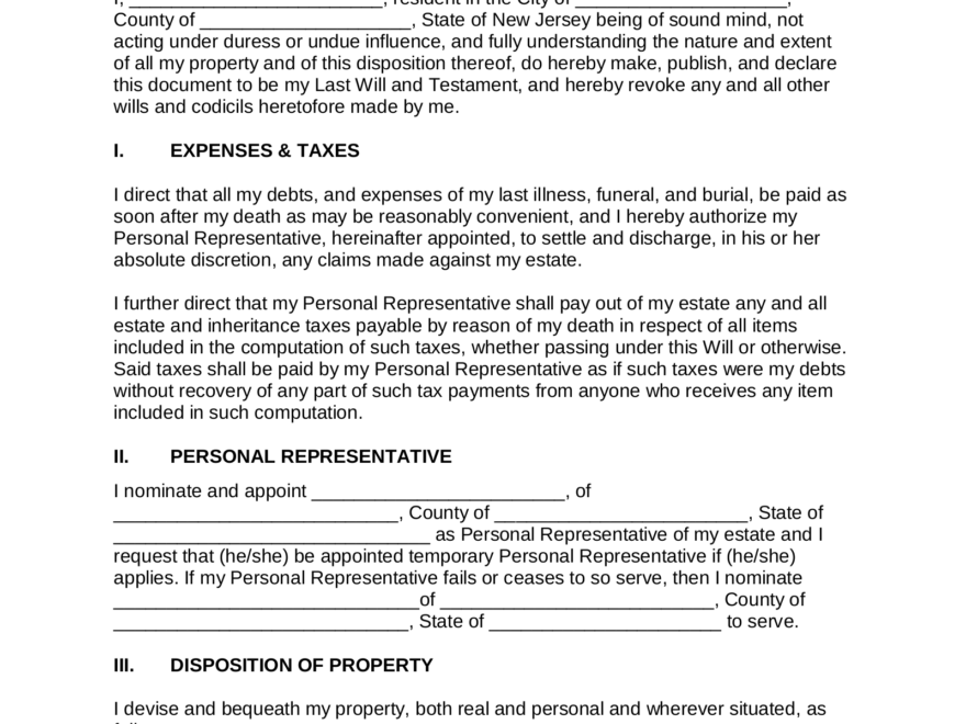 Free New Jersey Last Will And Testament Template PDF Word EForms