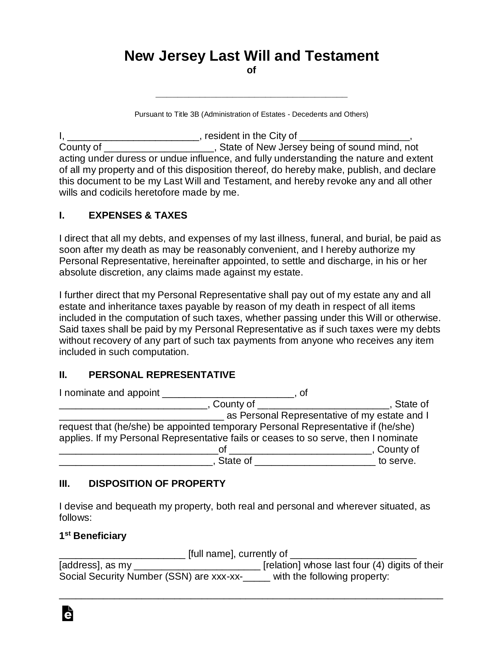Free New Jersey Last Will And Testament Template PDF Word EForms Free New Jersey Last Will And Testament Template PDF Word EForms
