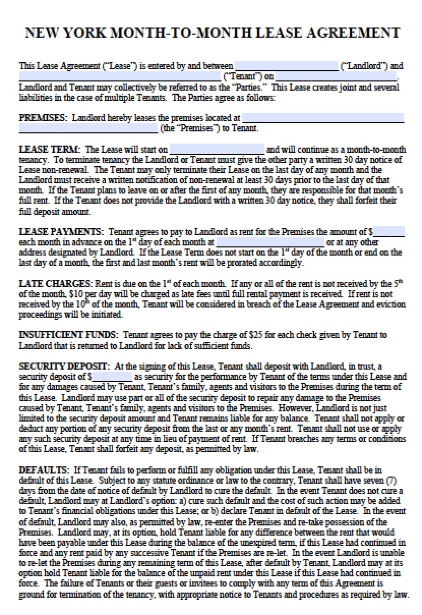 Free New York Rental Lease Agreement Templates PDF Word