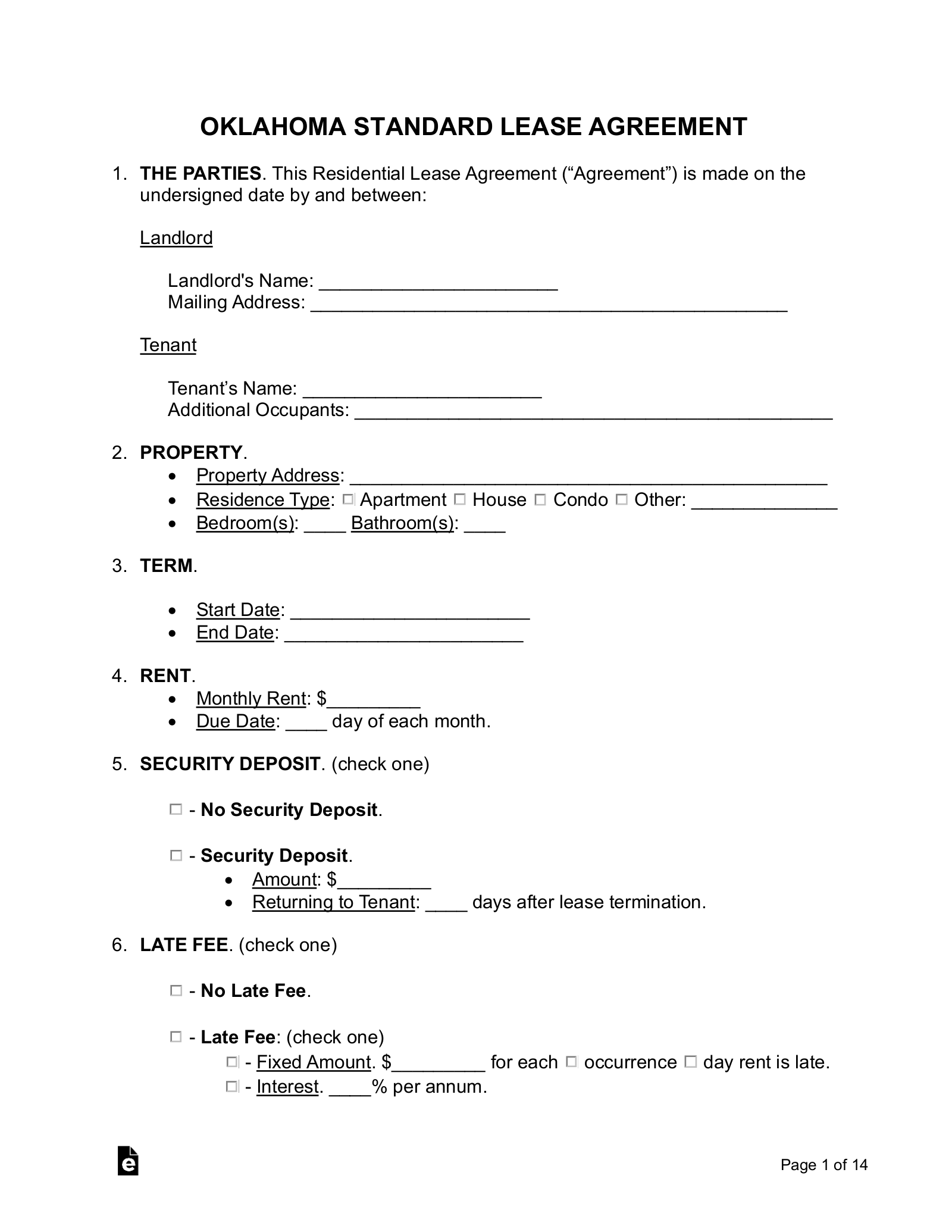 Free Printable Lease Agreement Oklahoma