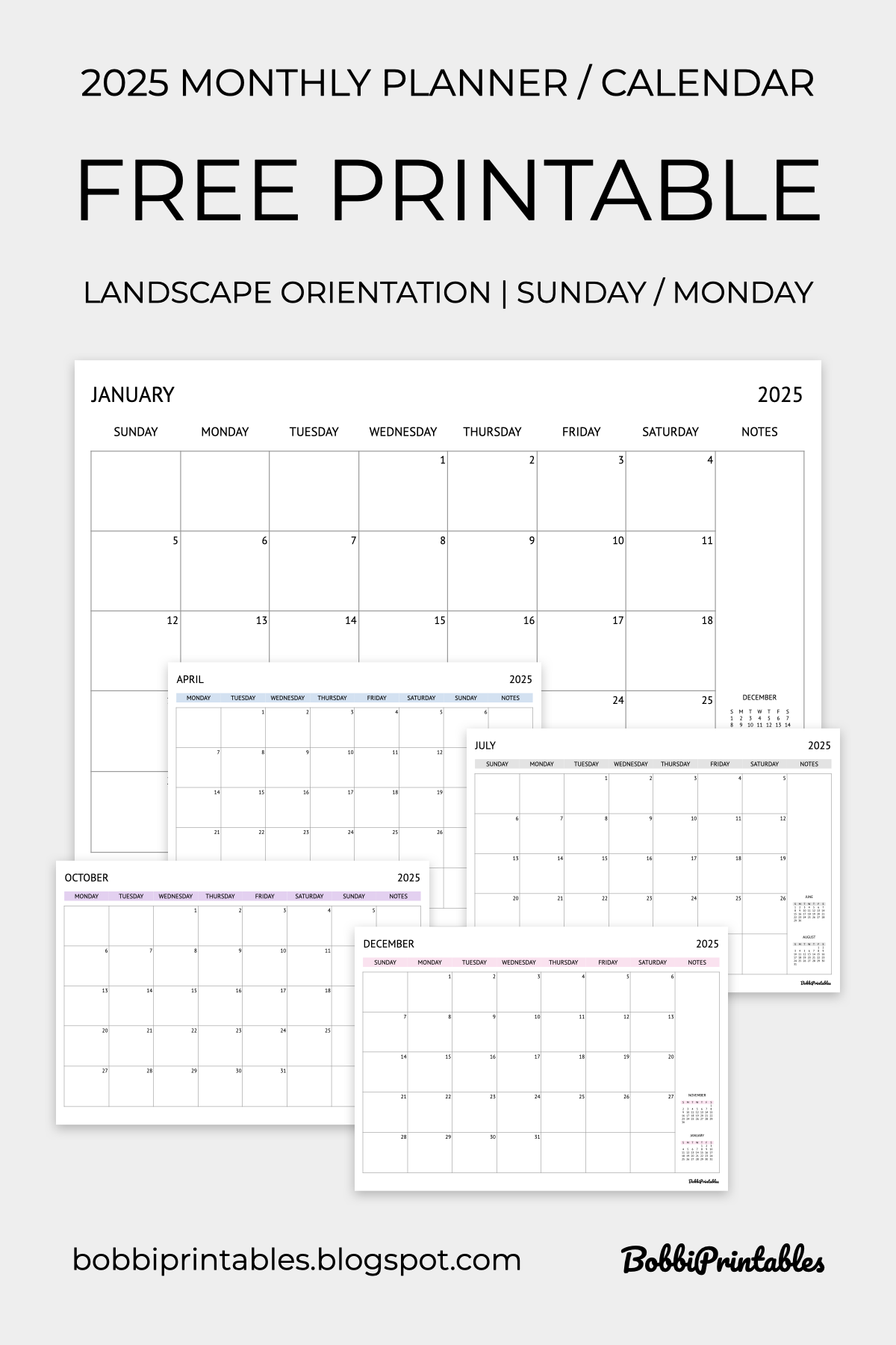 Free Printable 2025 Monthly Planner Calendar Landscape Orientation