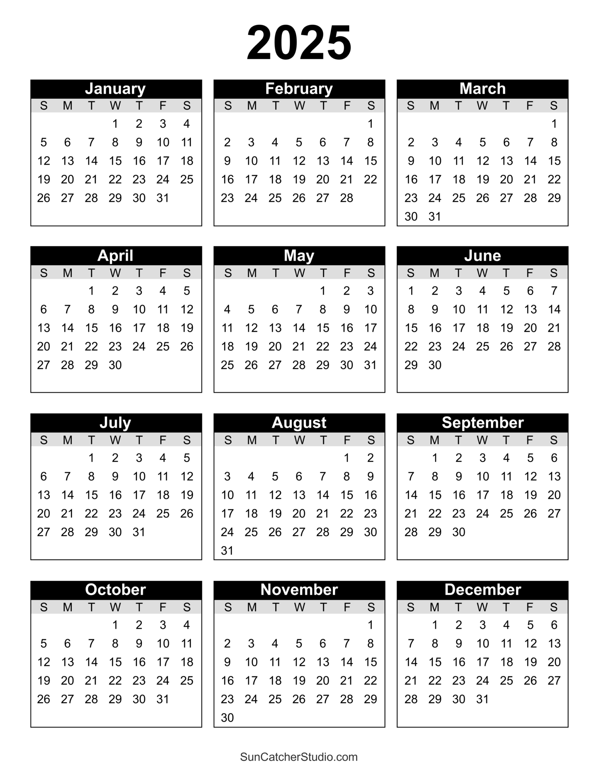 2025 Full Year Calendar Printable Plain White