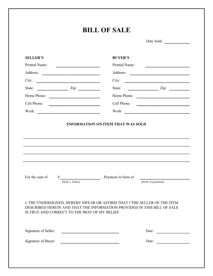 Free Printable Bill Of Sales Forms