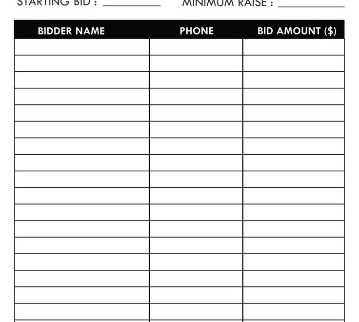 Free Printable Blank Silent Auction Bid Sheet Template PDF