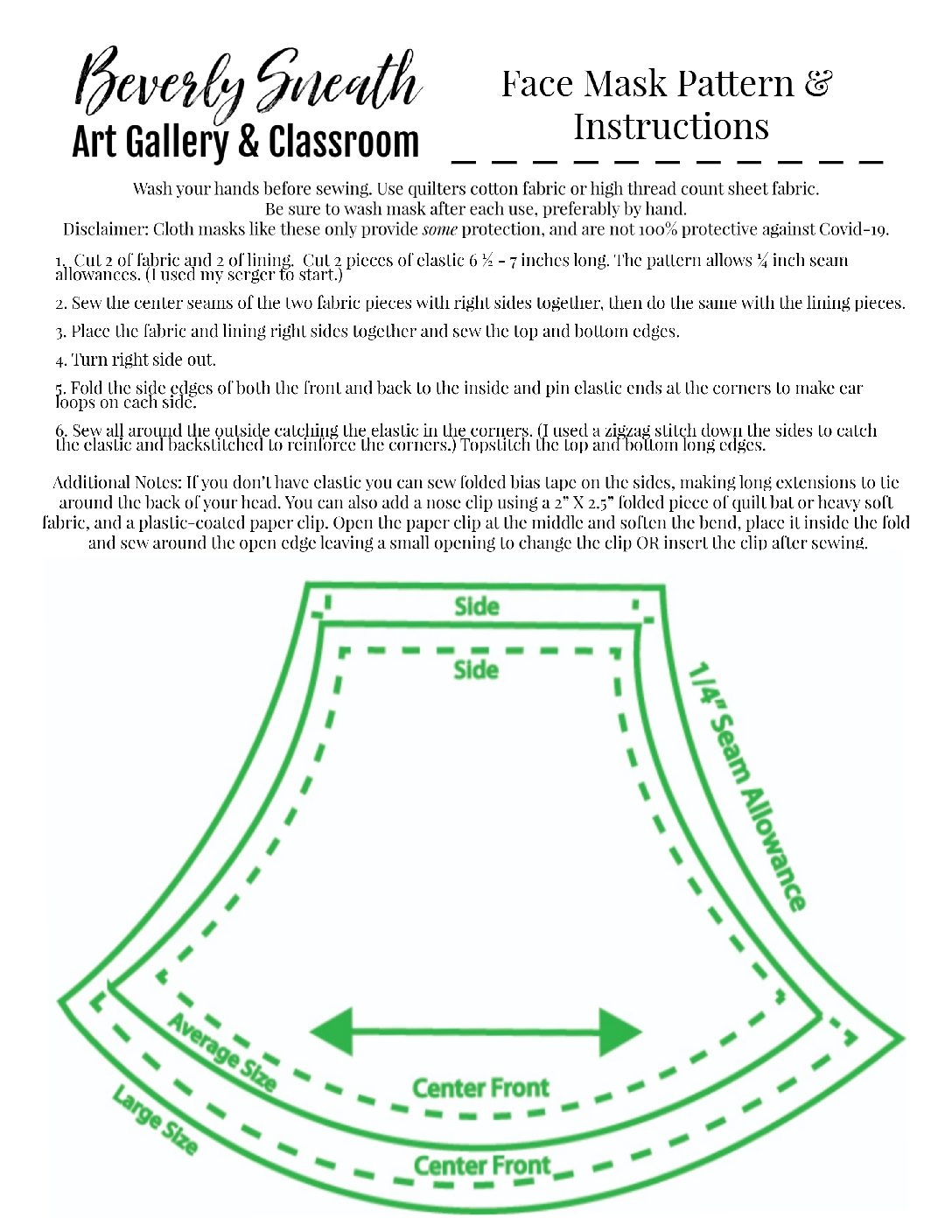 Free Printable Face Mask Sewing Pattern Covid 19 Beverly Sneath Art Studio Free Printable Face Mask Sewing Pattern Covid 19 Beverly Sneath Art Studio