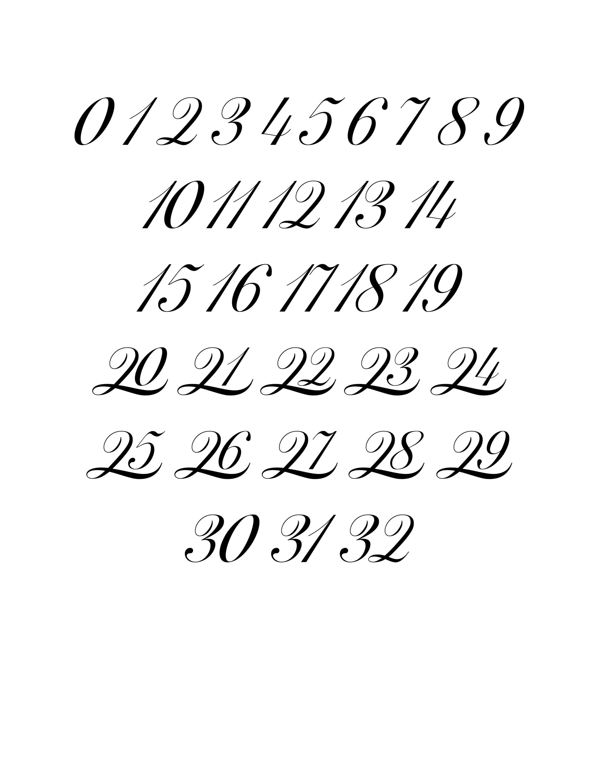 Free Printable Fancy Calligraphy Numbers 0 32