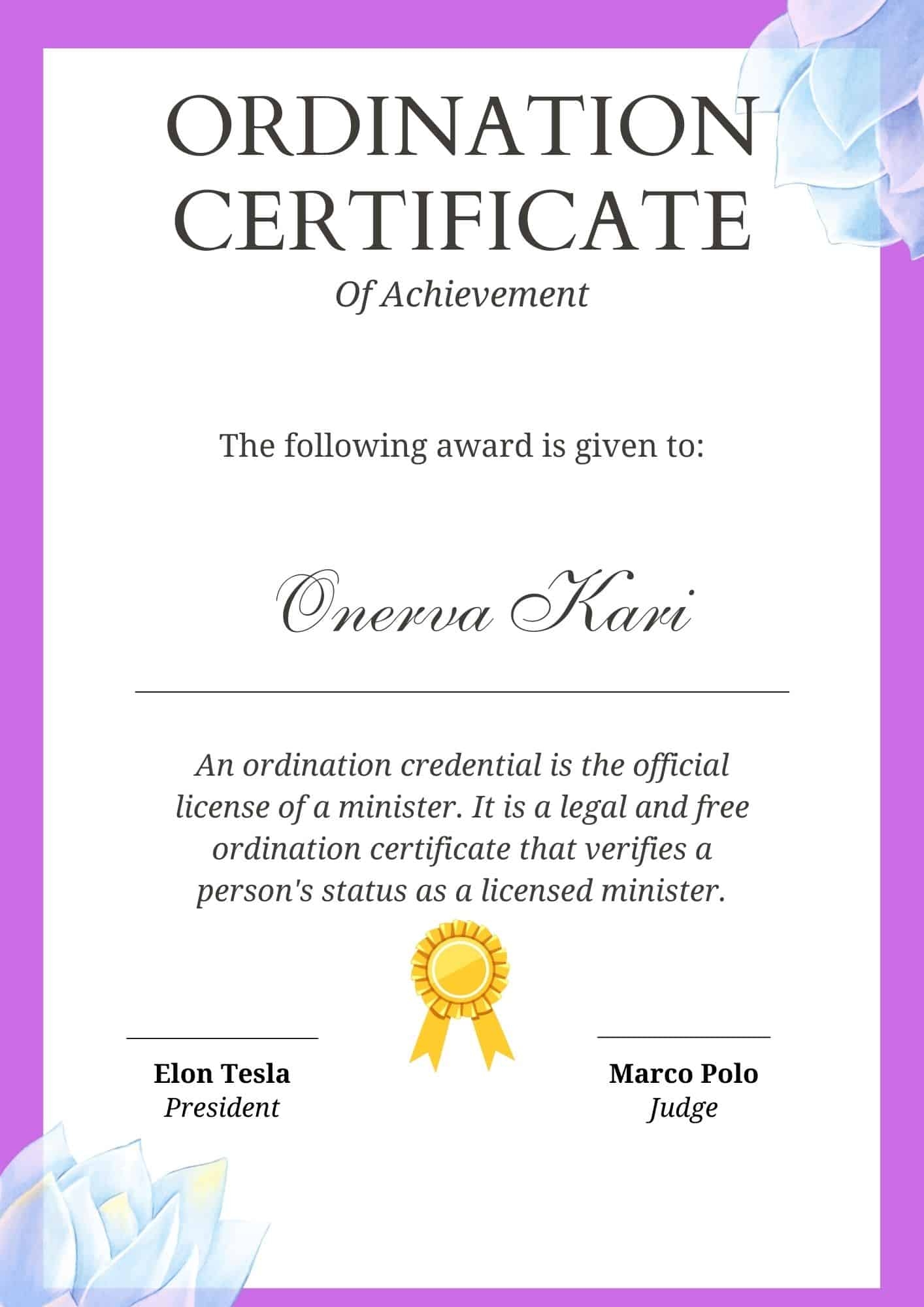 Free Printable Ordained Minister Certificate