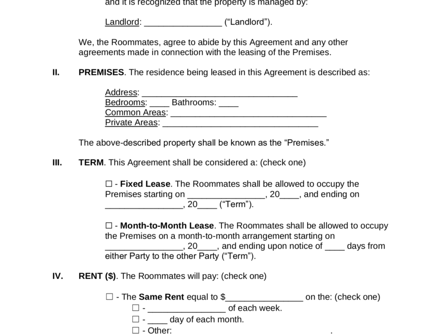 Free Roommate Room Rental Agreement Template PDF Word EForms