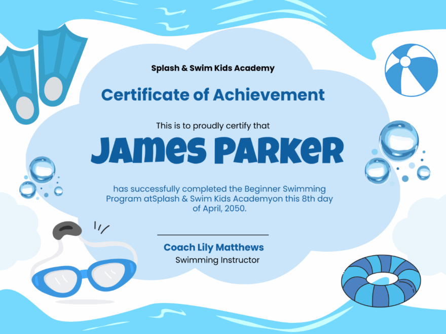Free Simple Kids Swimming Certificate Template To Edit Online