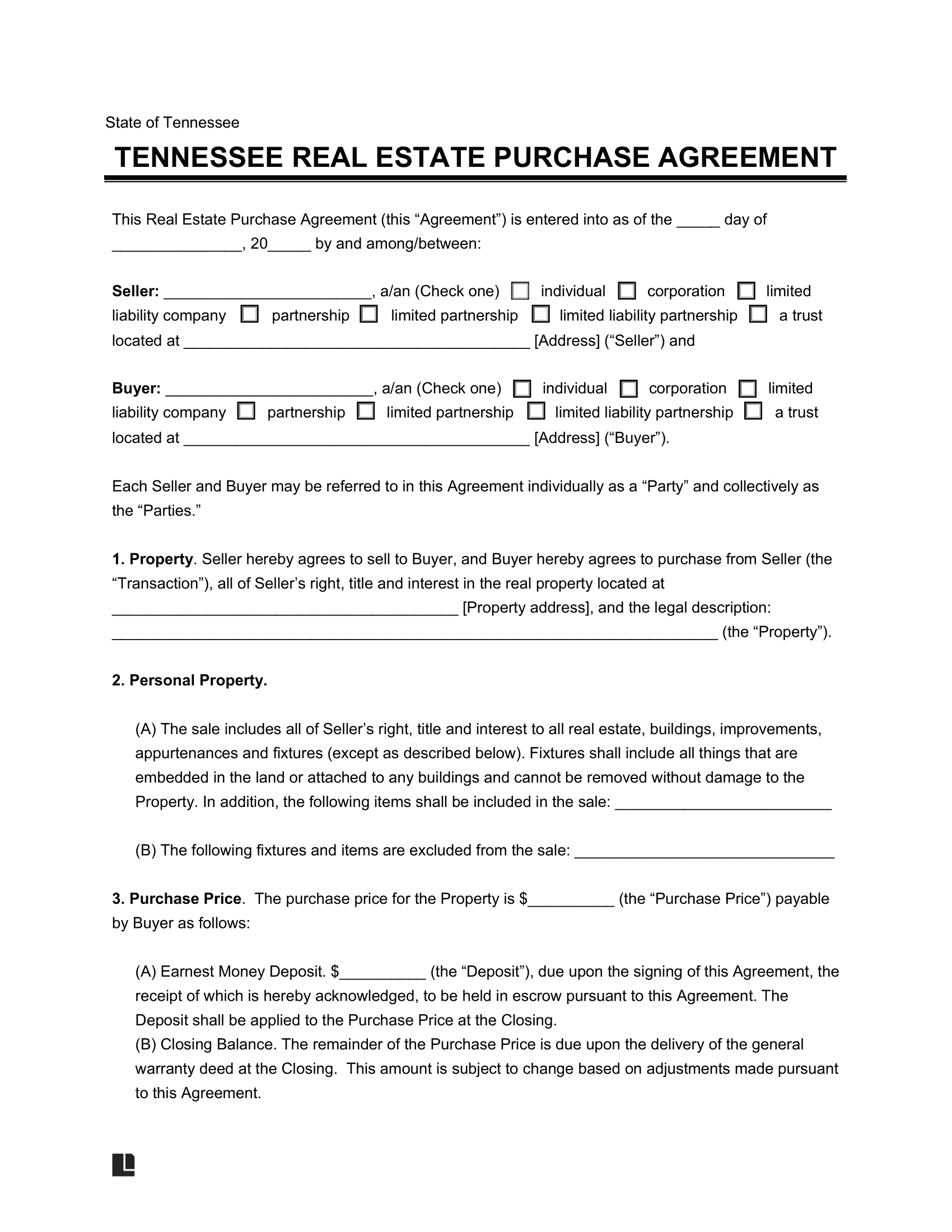 Free Tennessee Residential Purchase Agreement PDF Word