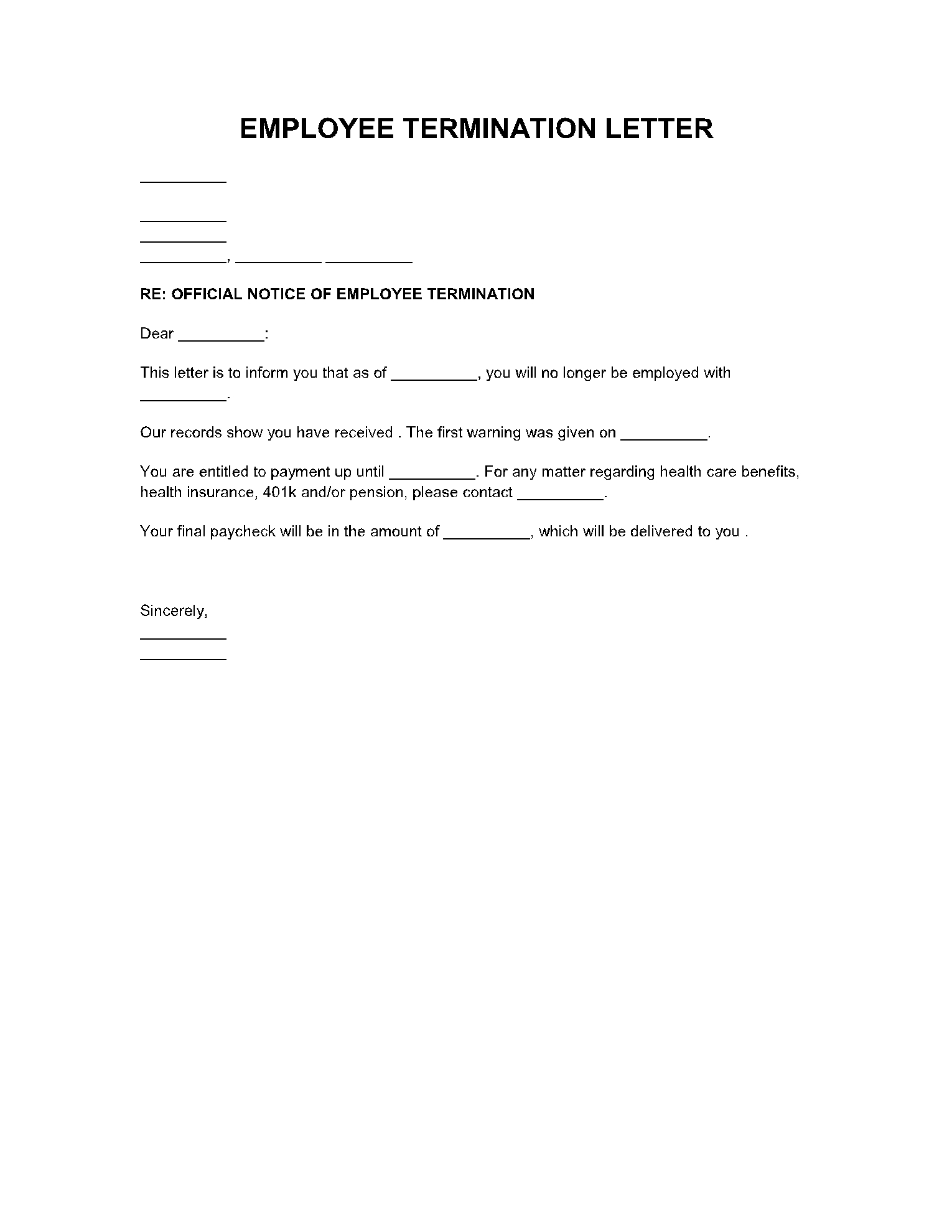 Free Printable Employee Termination Form