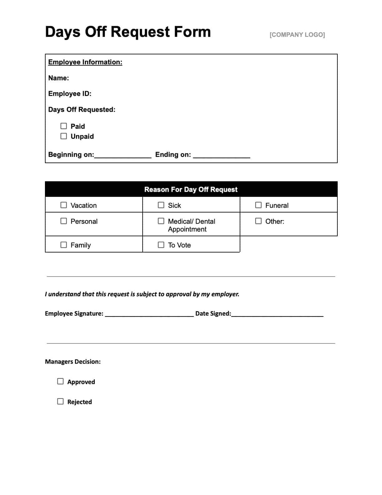 Printable Holiday Request Form Template Printable Holiday Request Form Template