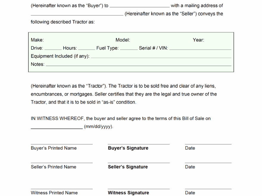 Free Tractor Bill Of Sale Form PDF Word