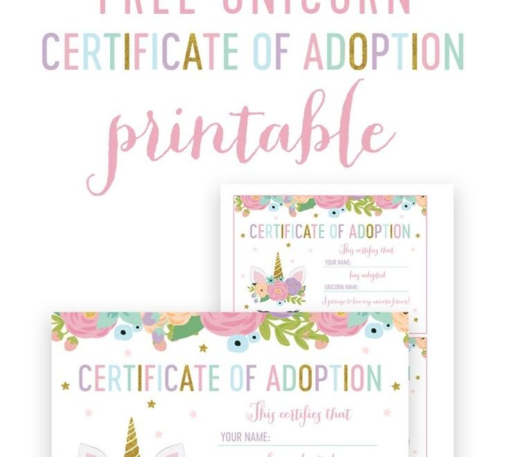 Free Unicorn Birthday Certificate Of Adoption Printable Instant Download