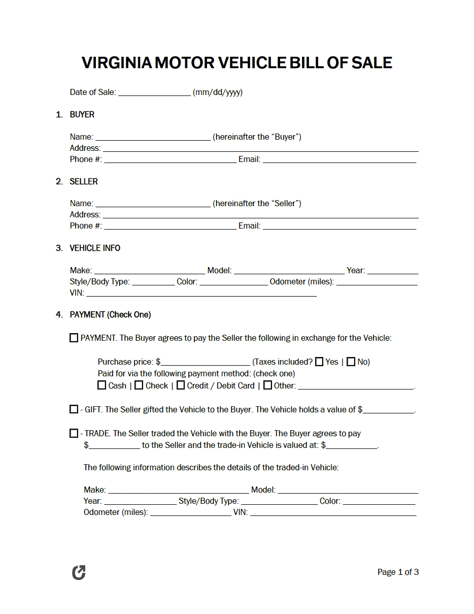 Free Virginia Bill Of Sale Forms 5 PDF WORD RTF Free Virginia Bill Of Sale Forms 5 PDF WORD RTF
